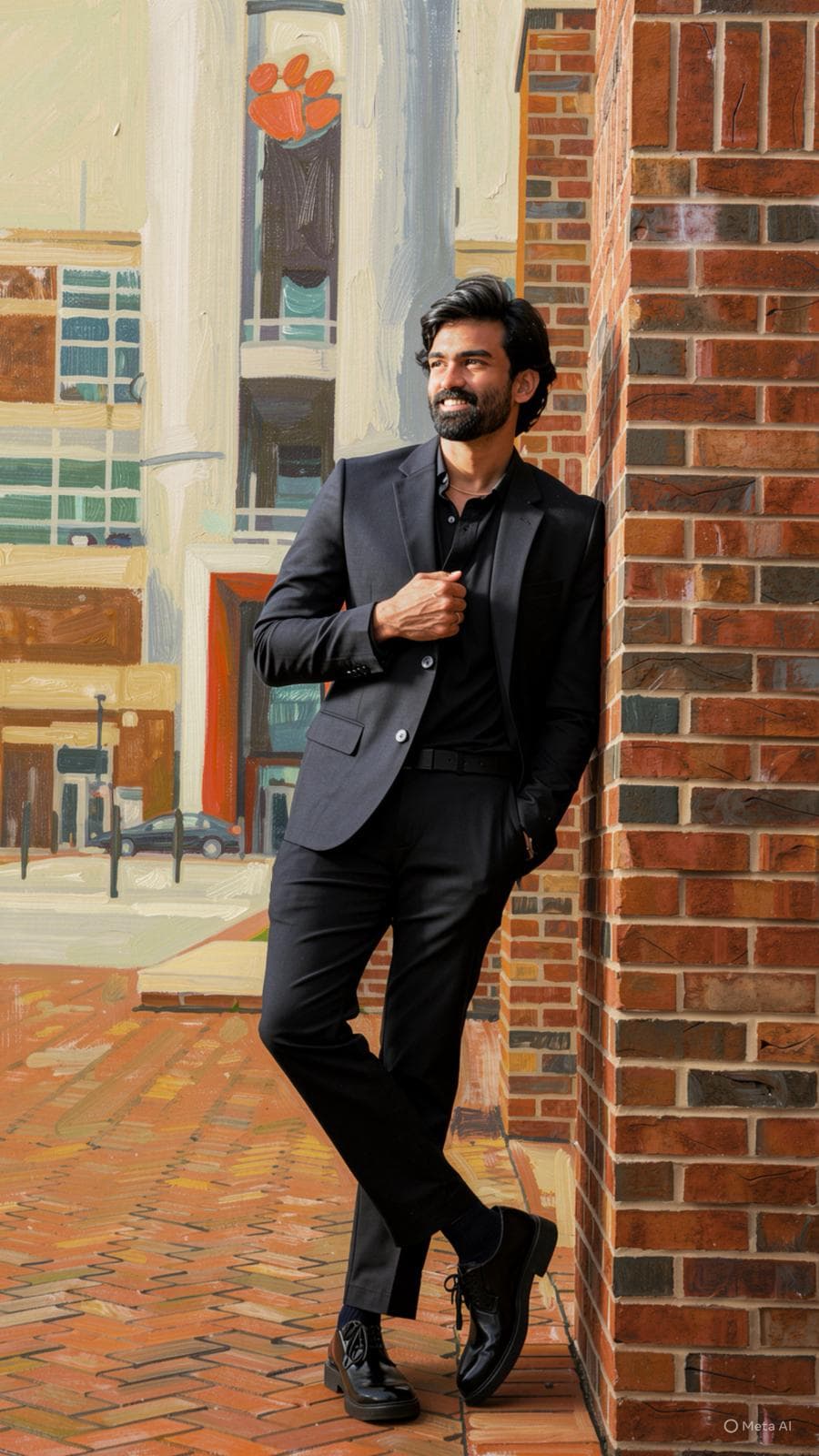 Ajay Chowdary Dodda in a dark suit, leaning against a brick wall, painterly style